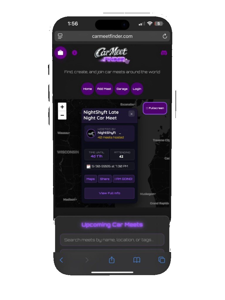 Car Meet Finder app showing the live map and NightShyft meet details