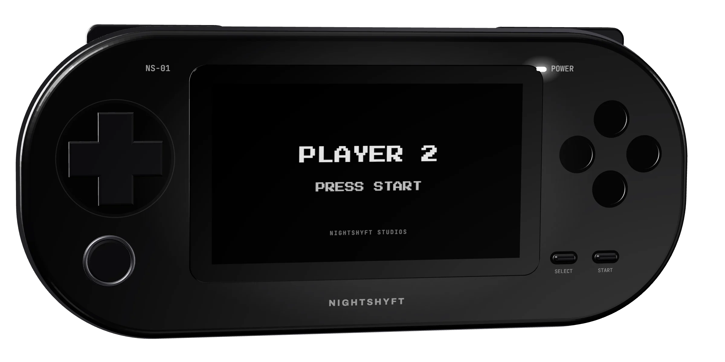 The NS-01 handheld switched on, its screen reading Player 2, Press Start