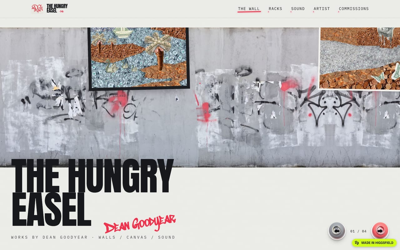 The Hungry Easel: an artist's paintings hung along a concrete wall