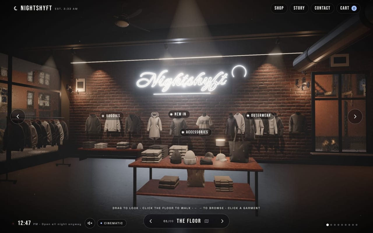 NightShyft Store: a 3D clothing store at night with a neon sign