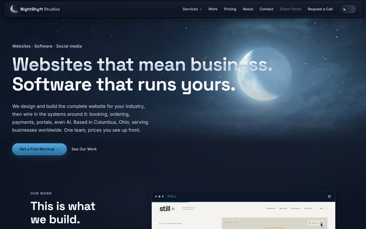 NightShyft Studios homepage: Websites that mean business. Software that runs yours.