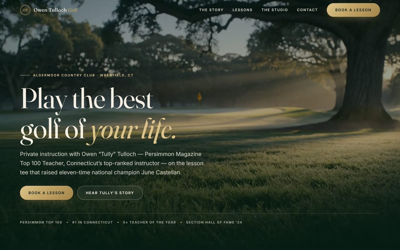 Owen Tulloch Golf: a misty fairway at dawn behind the headline
