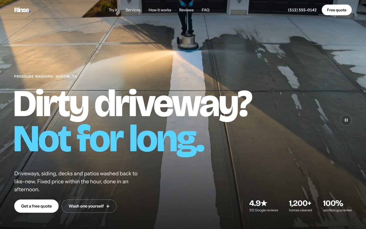 Rinse: a pressure washing site headlined Dirty driveway? Not for long.