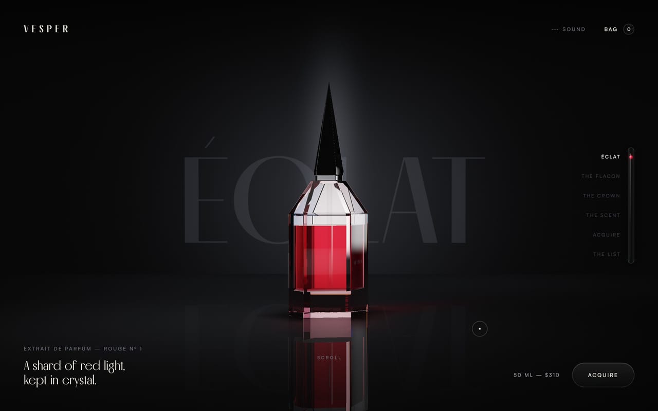 Vesper: a ruby perfume bottle lit in a dark studio